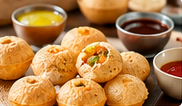 A plate of crispy golgappe with chutneys