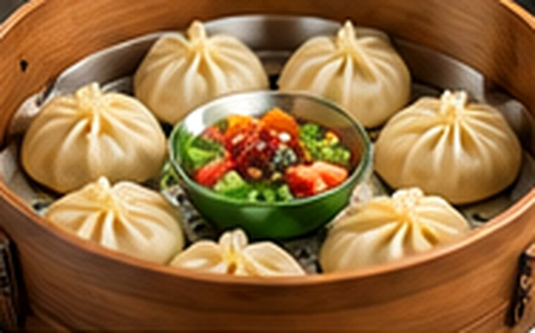 Steamed momos arranged in a bamboo basket
