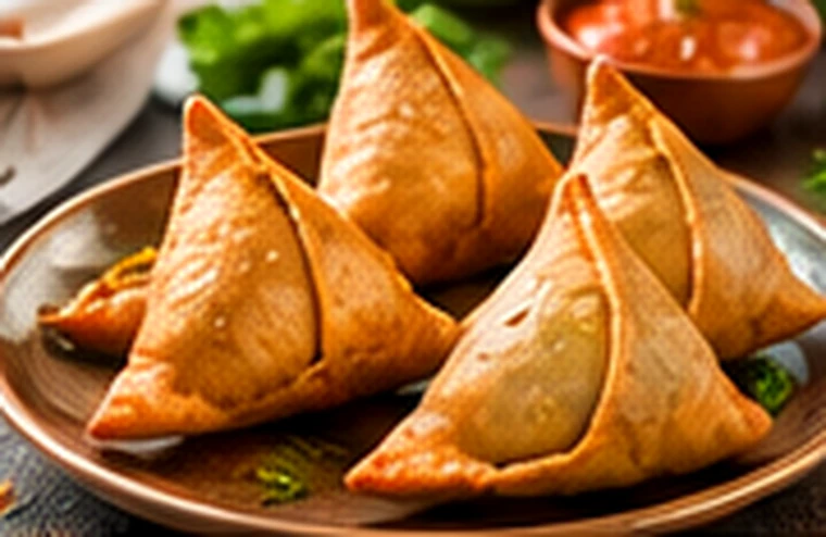 Golden triangular samosas served with chutney